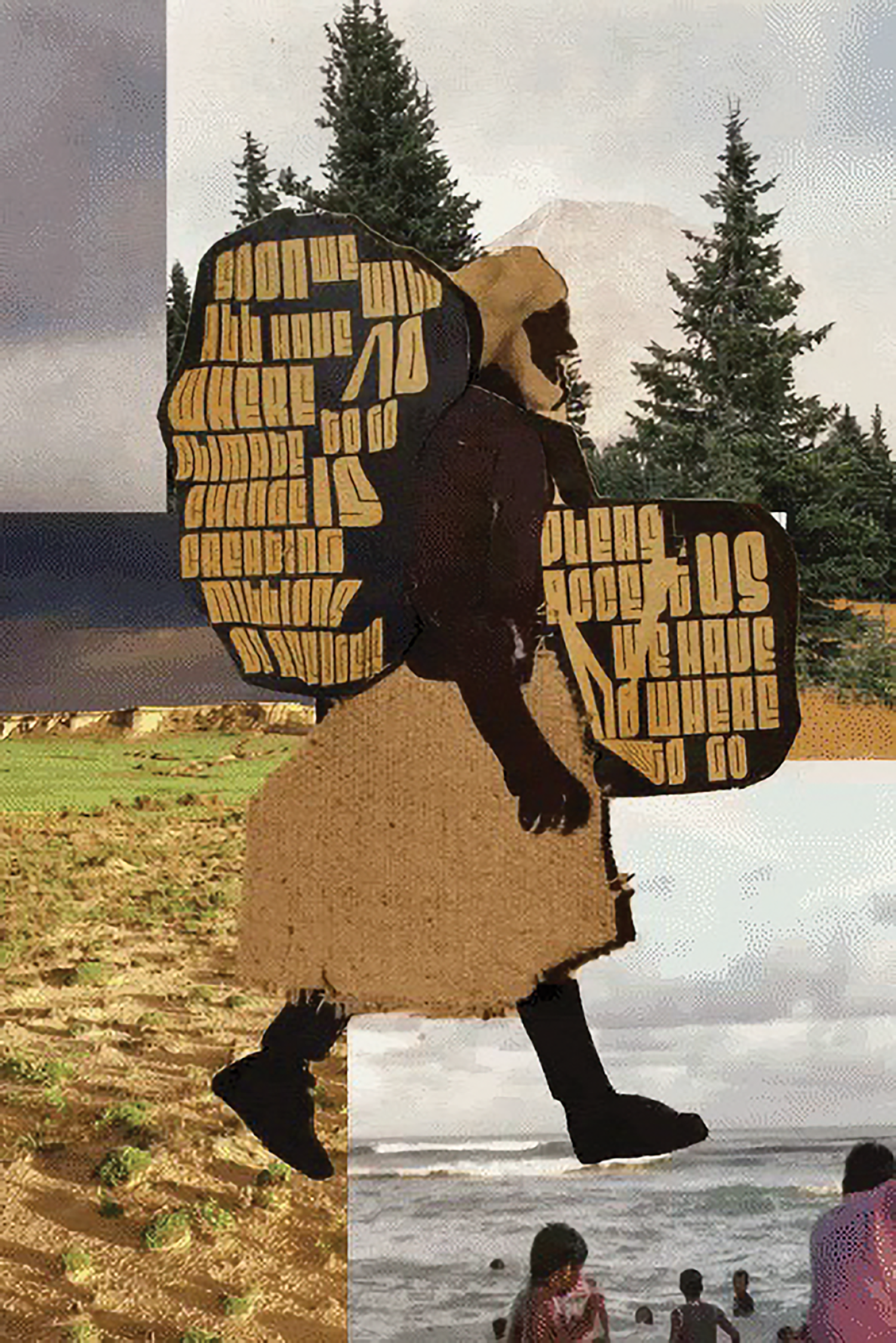 art of man superimposed walking across multiple environment images