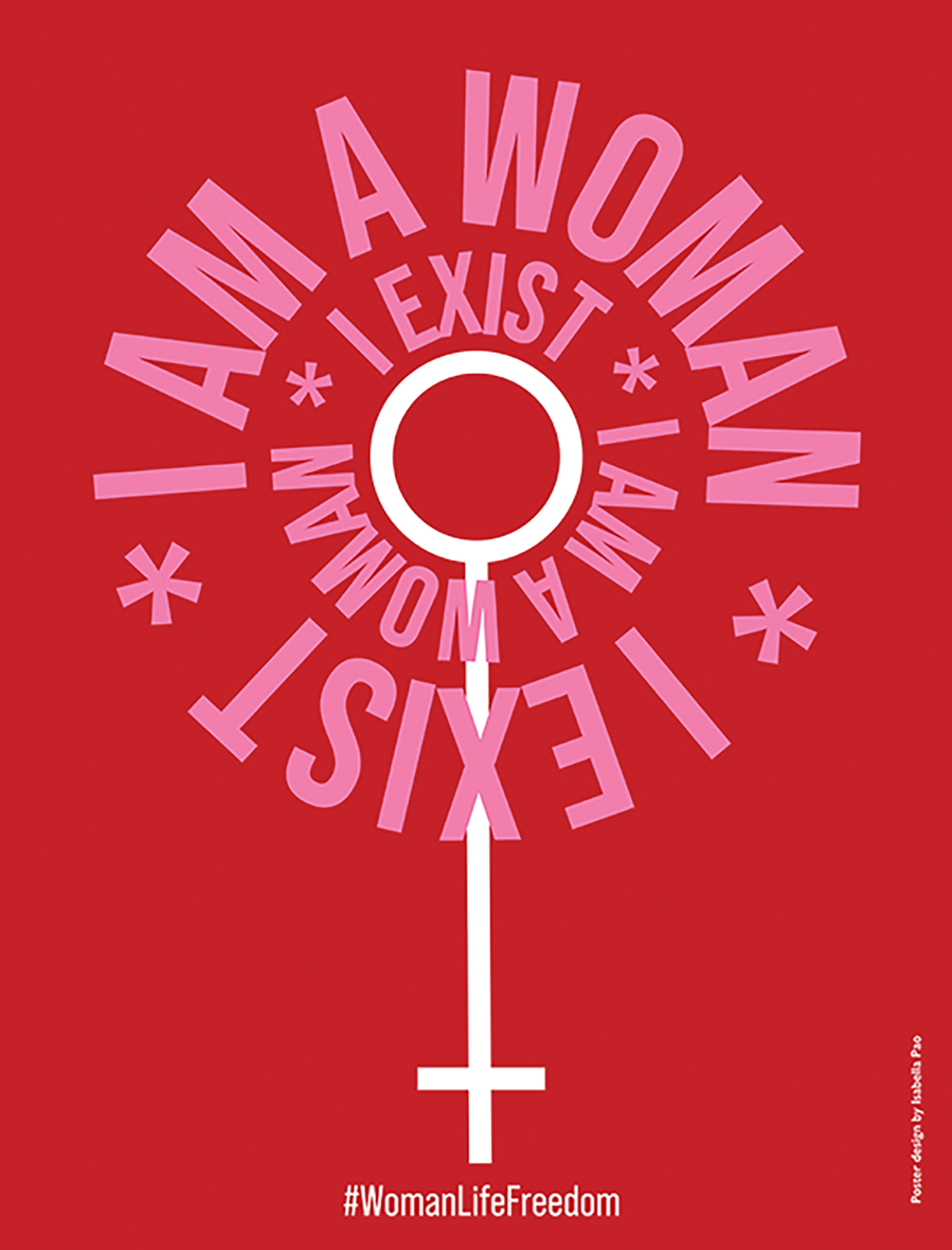 pink words circling around a female chromosome on a red background