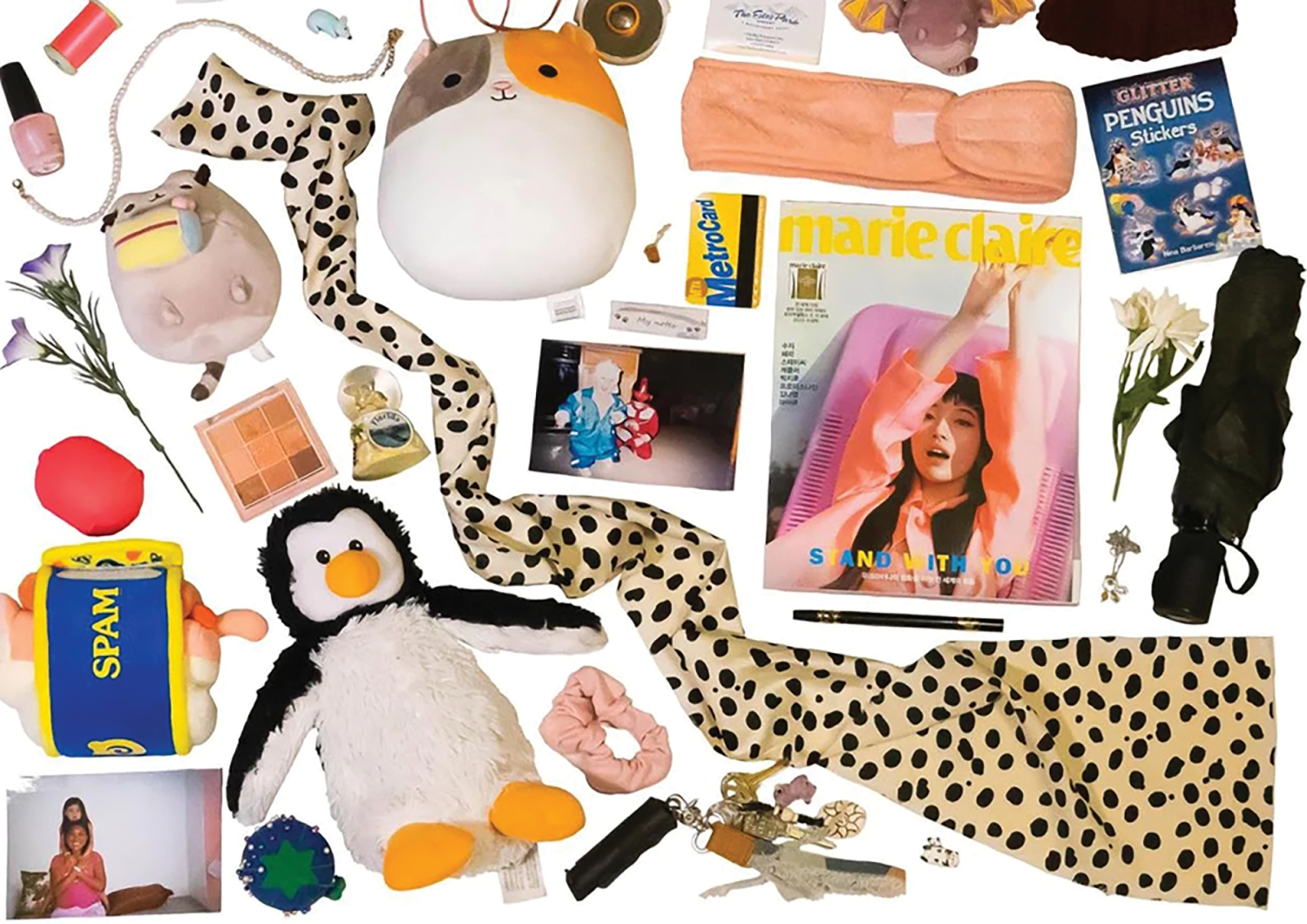 image collage, including stuffed animals, nail polish and a magazine