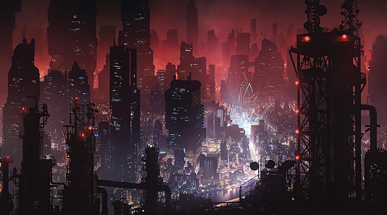 Source image 1: tall black buildings in a downtown setting, set against a red background, split by an illuminated highway.