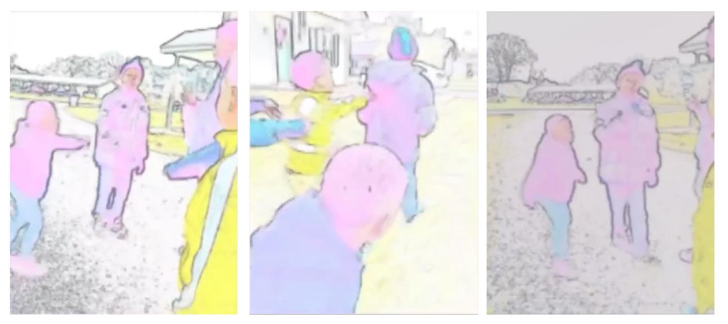Screenshots from a heavily filtered video, originally posted to YouTube, showing a scuffle among small children that took place off school grounds. Credit: Screenshots by ProPublica