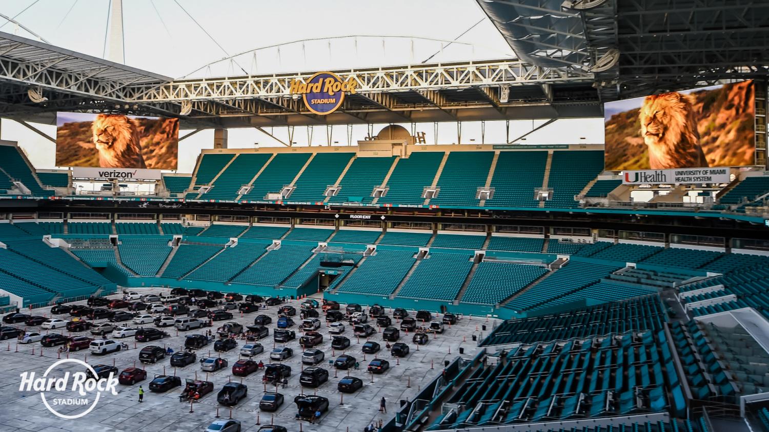 Cars parked inside of Hard Rock Stadium for a drive-in movie.