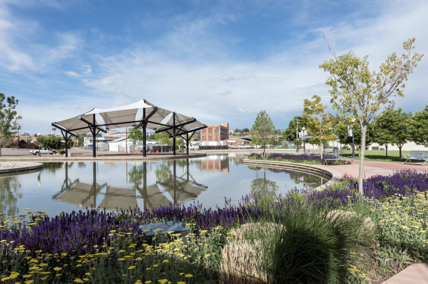 The Historic Arkansas Riverwalk of Pueblo broke ground in 1996 and was completed in 2000. It has become a symbol of community resilience and is key to economic growth. Credit: Carol M. Highsmith, Library of Congress