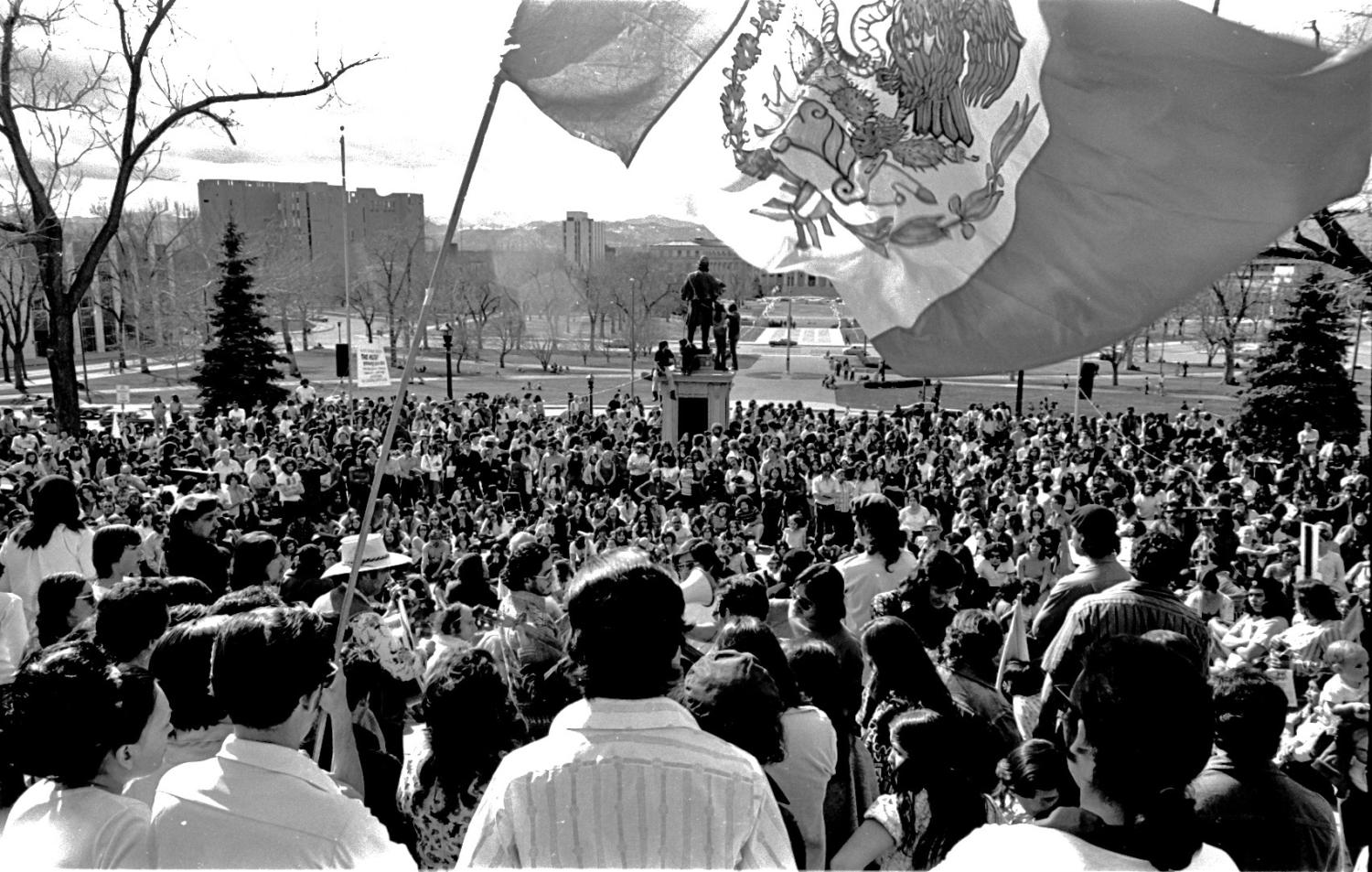 A crowd gathers March 17, 1974 at the Colorado State Capitol in Denver to commemorate the one-year anniversary of the death of Luis Junior Martinez, who was killed during a skirmish with police, and the subsequent raid on the Crusade for Justice building by Denver police.