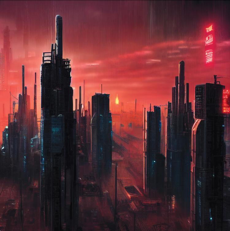  Black skyscrapers against a red sky 