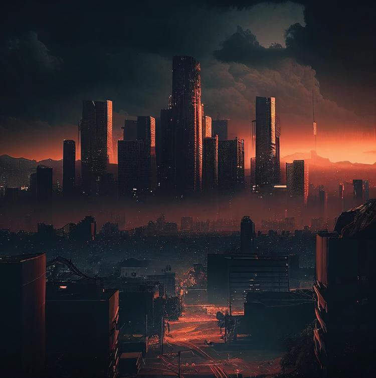 Completed composite image of a cityscape against a red sky