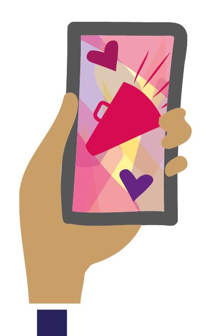 hand holding phone with pink screen graphic
