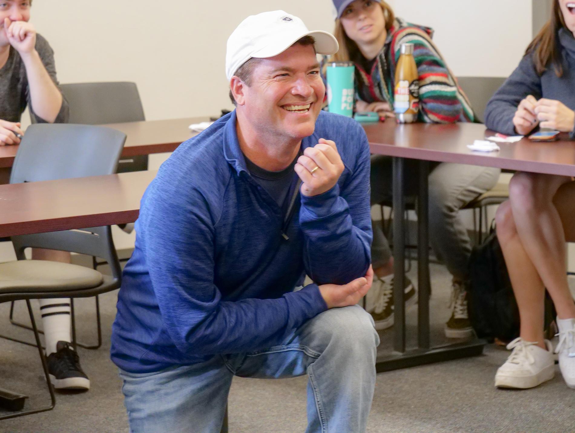 Actor Pat Finn teaches students improv games in his class, Improv for Strategic Communication.