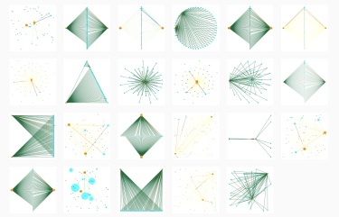 In these visualizations from Ghosh and Gannett’s “Network Viz” project, the orange nodes represent Russia and Iran, the blue nodes represent tweet languages, and the lines between them––called edges––represent the frequency of tweets in a specific language.