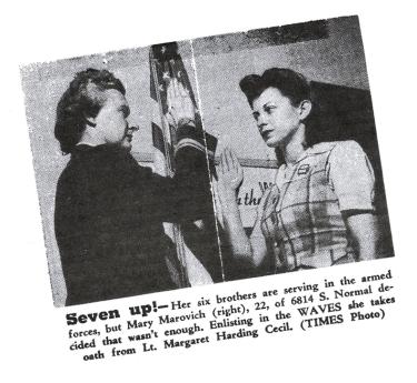 A Chicago Times article features Ryan’s mother, Mary Marovich, being sworn in as a WAVE.