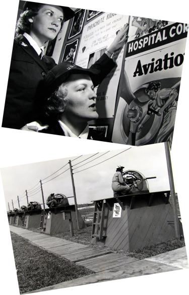 Top: WAVES look at vocation posters at Hunter College Training School in New York City in 1943. Bottom: WAVES give instruction on operating .50-caliber machine guns at the Naval Air Gunners School in Hollywood, Florida, in 1944.