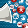 Megaphone with illustrations of political digital icons.