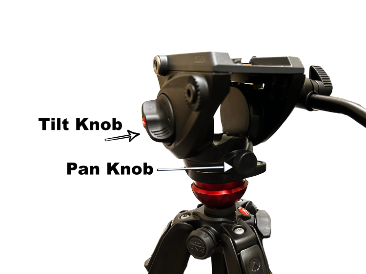 Showing where the tilt knob and pan knob are on the tripod