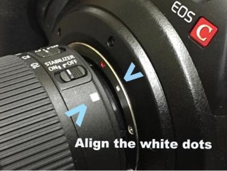 Aligning white dots on lens and body