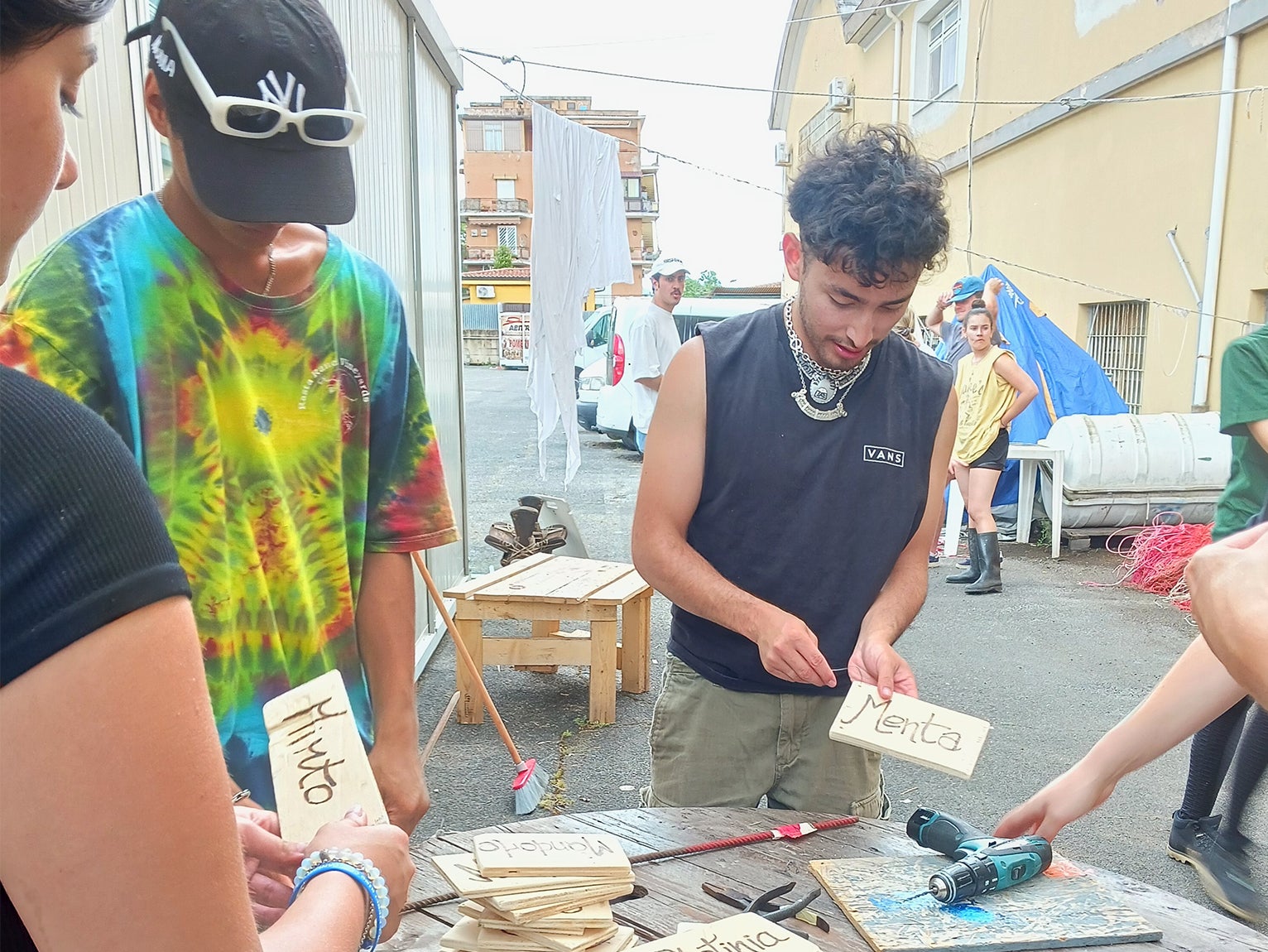 Students working together outside in Italy.