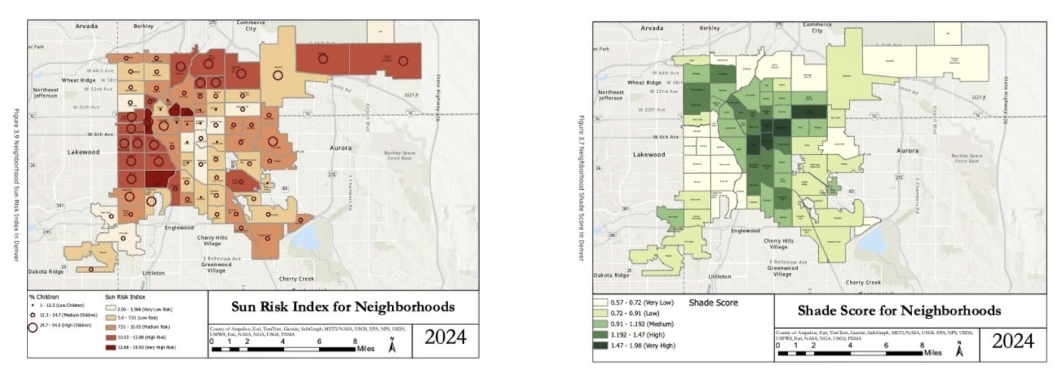 Sun Risk Index for neighborhoods in Denver and Shade Score for neighborhoods in Denver