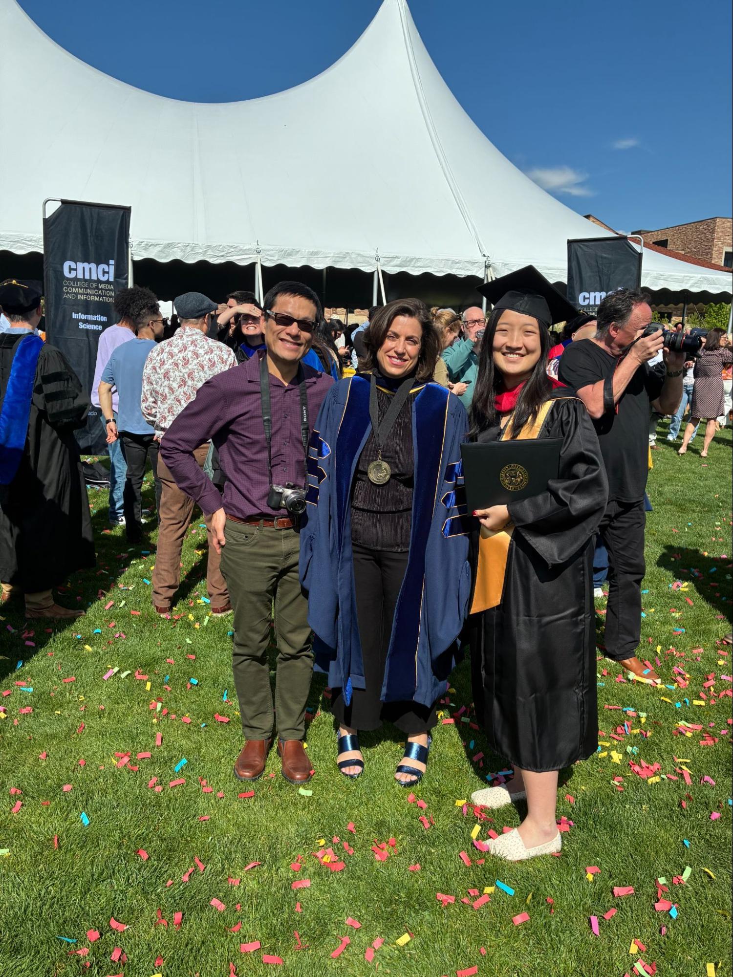 INFO Faculty Leysia Palen and Jessica Wang (MSInfoSci’25) and her family.