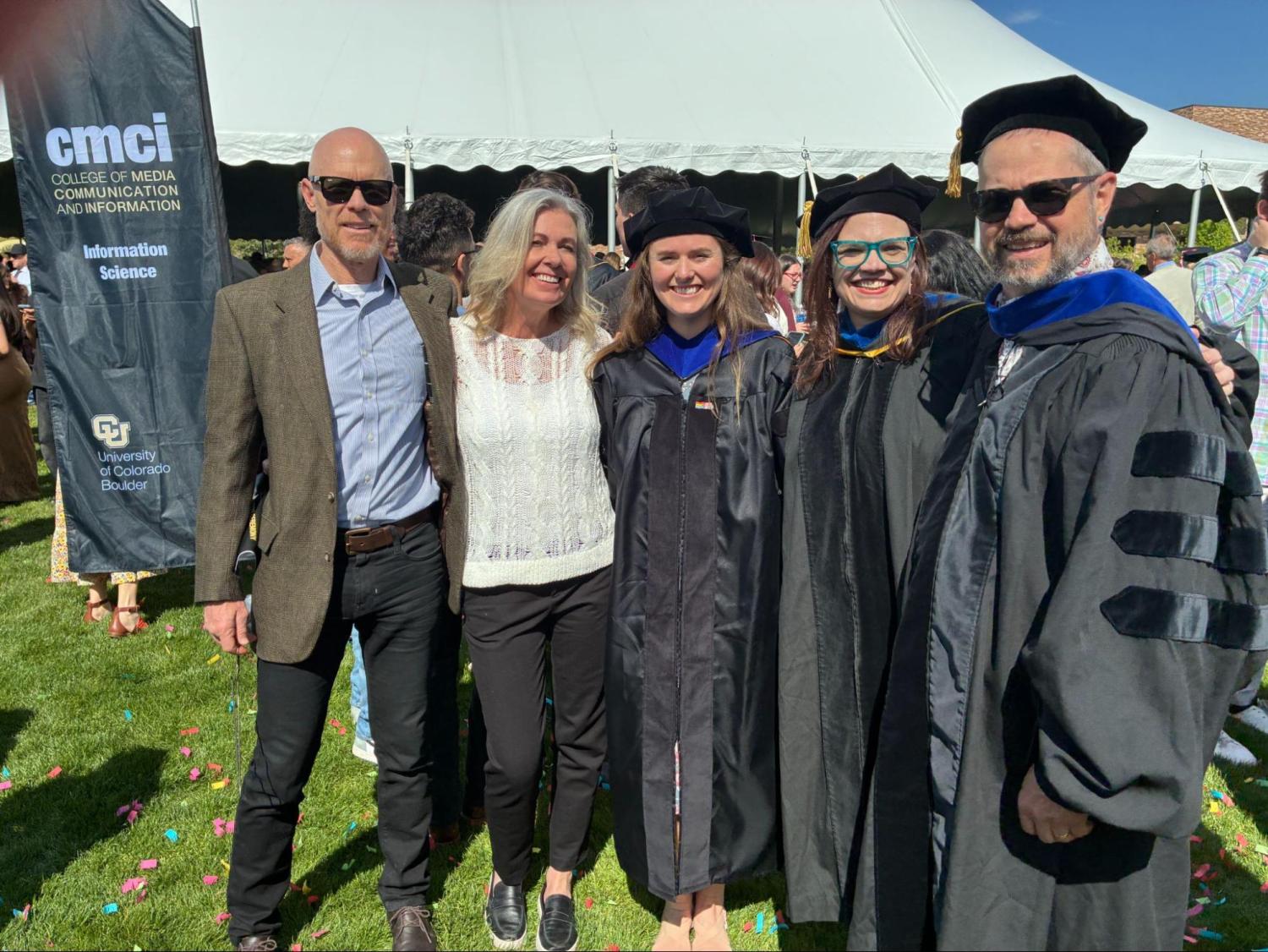 INFO Faculty Robin Burke, Casey Fiesler, Dr. Jessie J. Smith (PhDInfoSci’25) and her family.