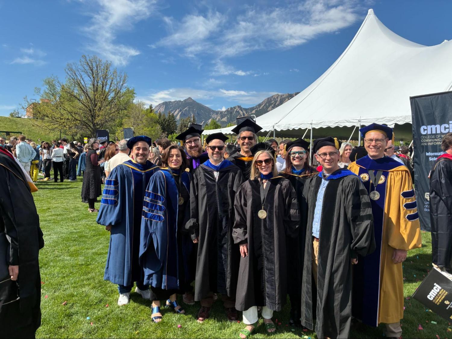 INFO Faculty: Bryan Semaan, Leysia Palen, Brian Keegan, Robin Burke, Jon Featherstone, Lecia Barker, Casey Fiesler, Evan Peck, Steve Voida at Graduation for the Class of 2025! Photo: Crissy Bowen