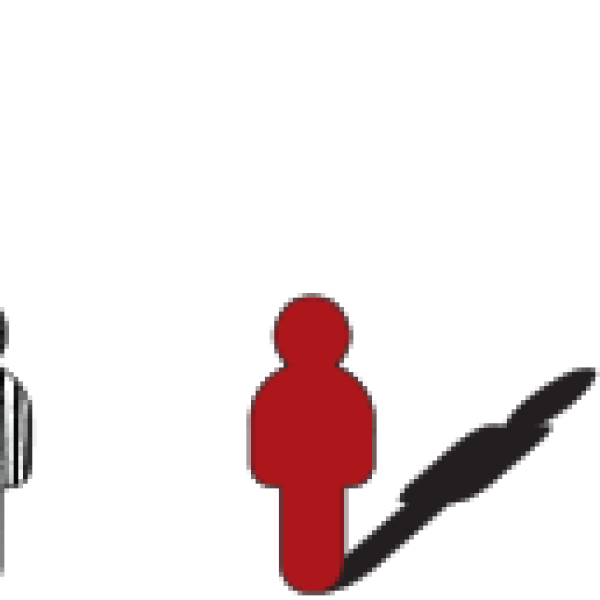 patterned person figures standing together and a simple looking figure standing alone to the side
