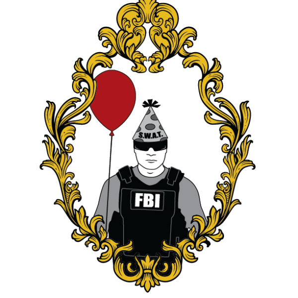 FBI agent wearing sunglasses, a swat party hat and holding a red balloon in a gold frame