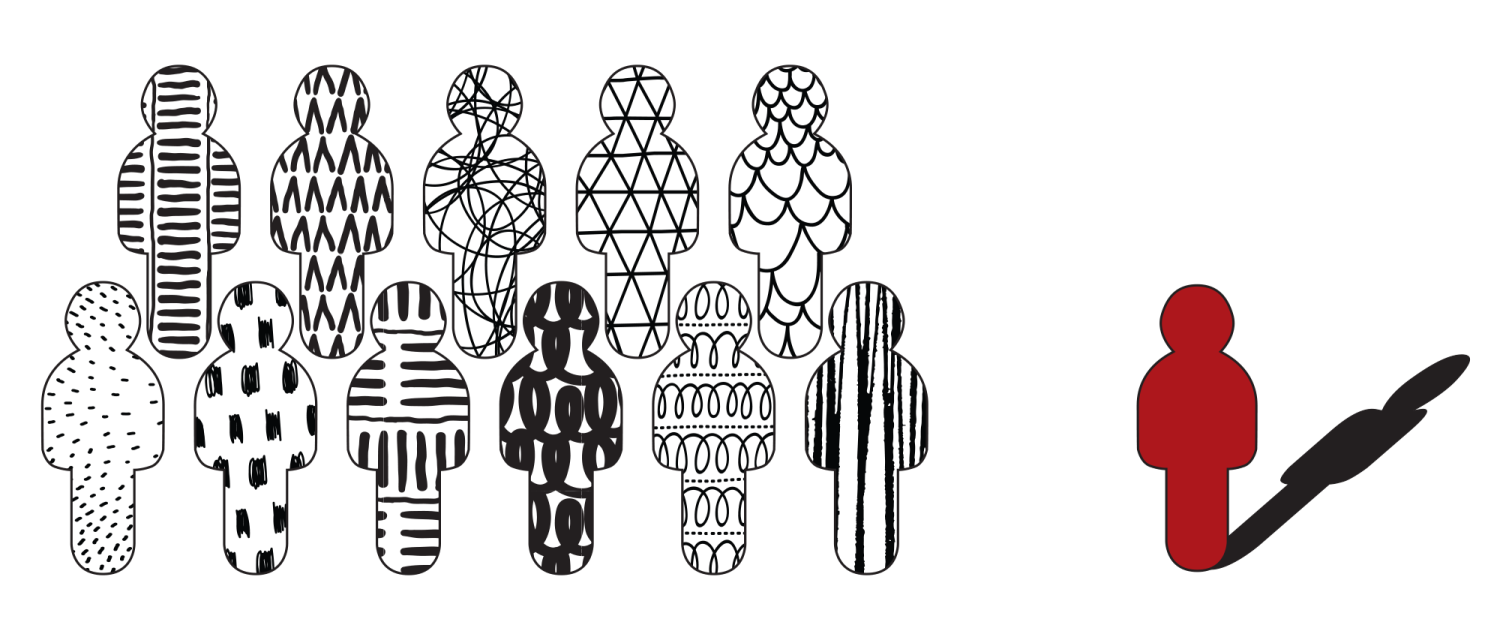 patterned person figures standing together and a simple looking figure standing alone to the side