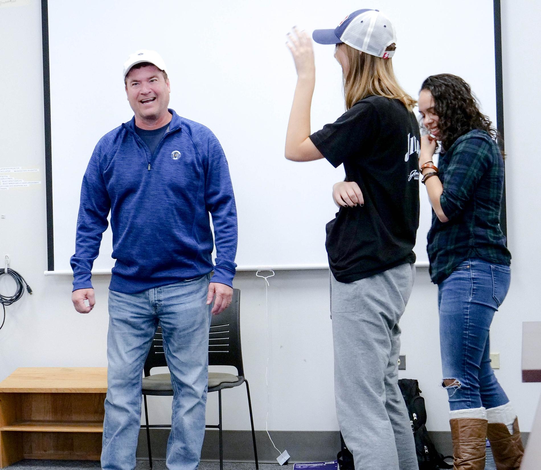Actor Pat Finn teaches students improv games in his class, Improv for Strategic Communication.