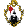 FBI agent wearing sunglasses, a swat party hat and holding a red balloon in a gold frame
