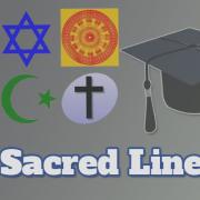 From top left to bottom right, logos for major world religion including The Star of David, the Wheel of Samsara, the Cresent Moon and Star, and the Cross. To the right of that, a graduation cap. To the right of  that, social media logos for LinkedIn, Facebook, Pinmtrest, YouTube, Twitter, and various functional items such as a share button and WIFI. Finally, across the bottom, the title "Sacred Lines".