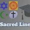 From top left to bottom right, logos for major world religion including The Star of David, the Wheel of Samsara, the Cresent Moon and Star, and the Cross. To the right of that, a graduation cap. To the right of that, social media logos for LinkedIn, Facebook, Pinmtrest, YouTube, Twitter, and various functional items such as a share button and WIFI. Finally, across the bottom, the title "Sacred Lines".