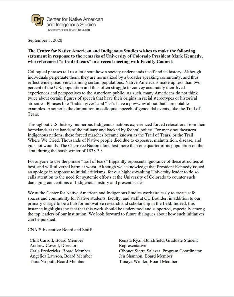 CNAIS Statement to President, Mark Kennedy CU Boulder