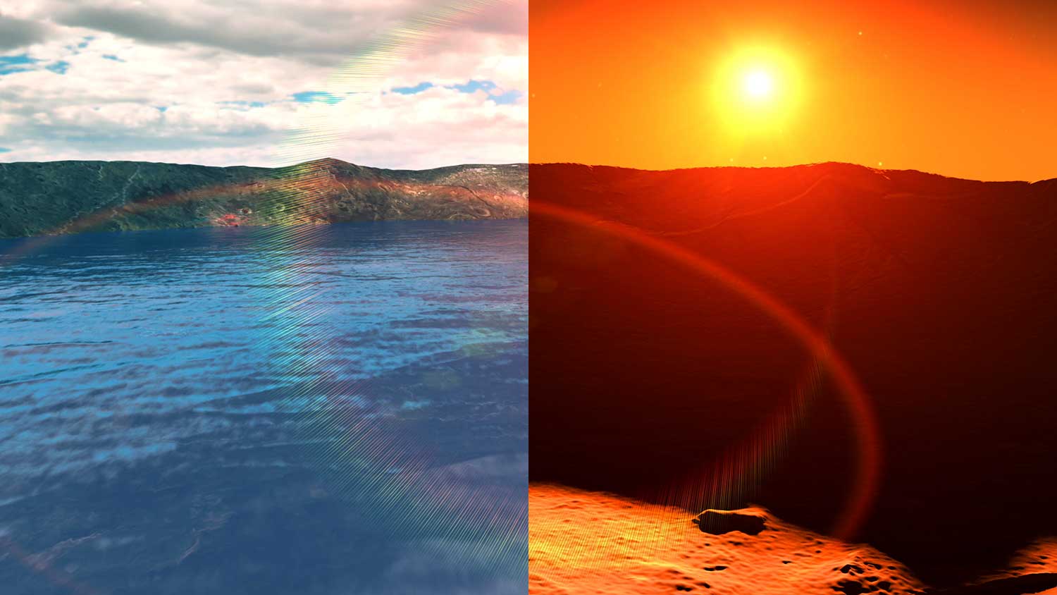 Artist's rendering of Mars crater wet vs. dry