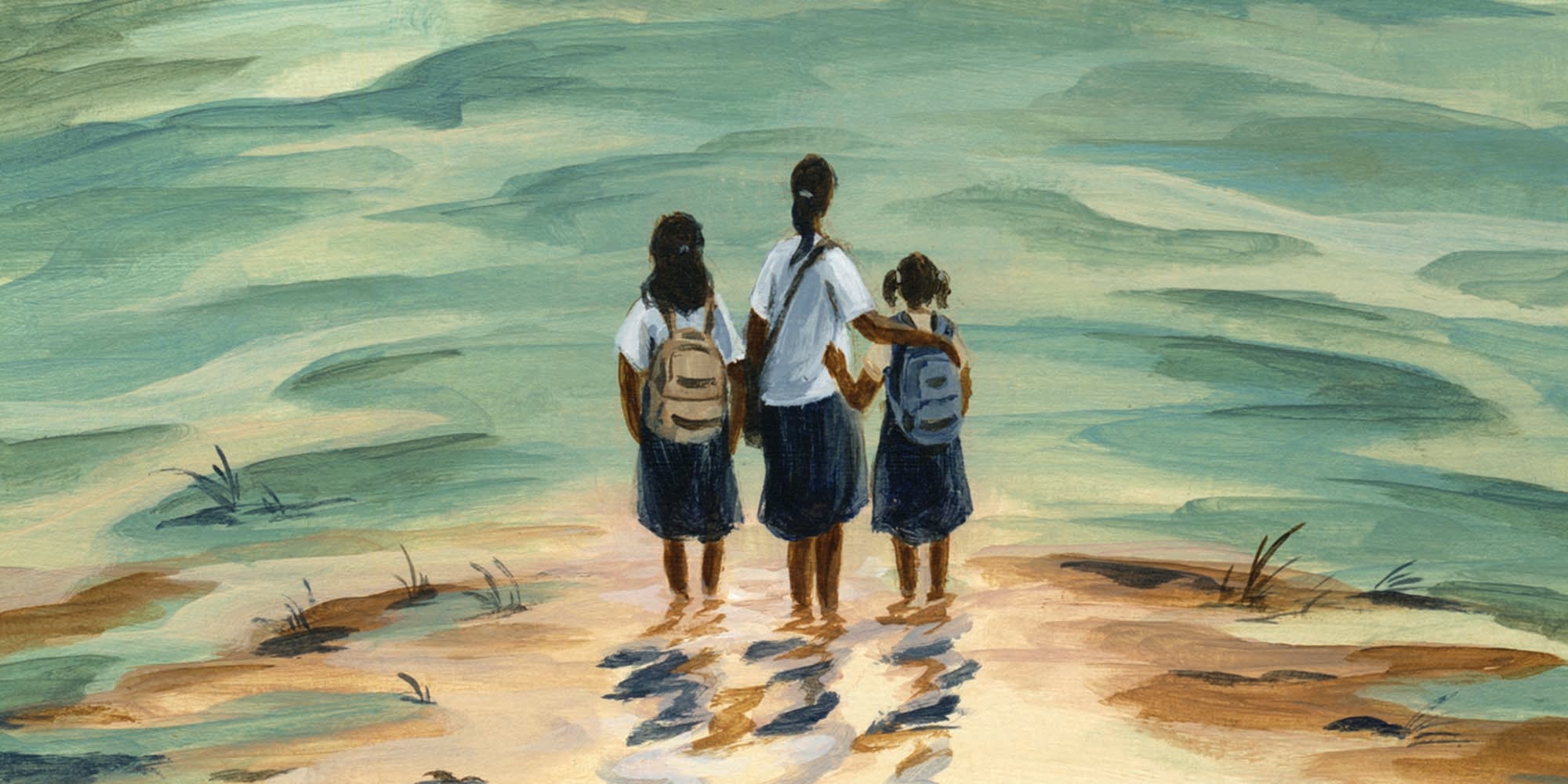 three young people standing in ankle-deep water