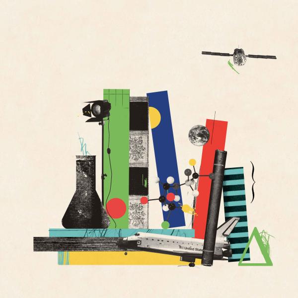 Illustration of books and science instruments
