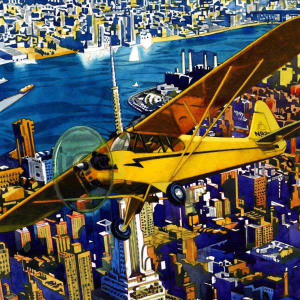 illustration by Jeffrey Smith of a plane in front of a skyline