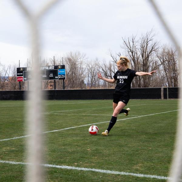 Hannah Sharts taking a shot on goal.