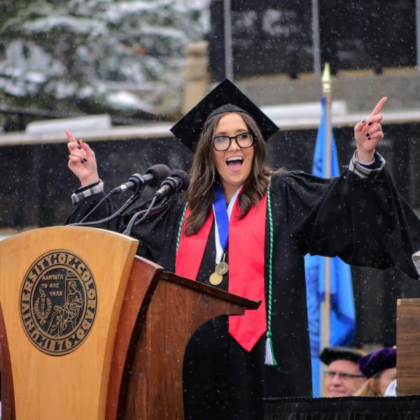 A photograph of CU's commencement speaker