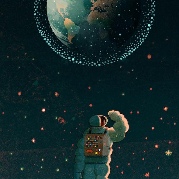Illustration of astronaut looking back at Earth
