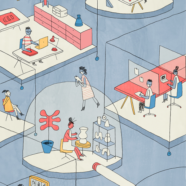 illustration showing employees working in bubbles connected by clear tubes