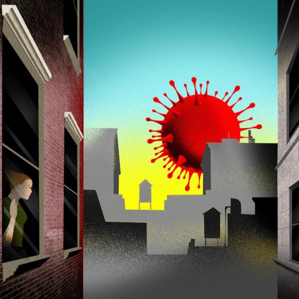 an illustration by Brian Stauffer showing a virus cell above a city skyline with two people looking out their windows.