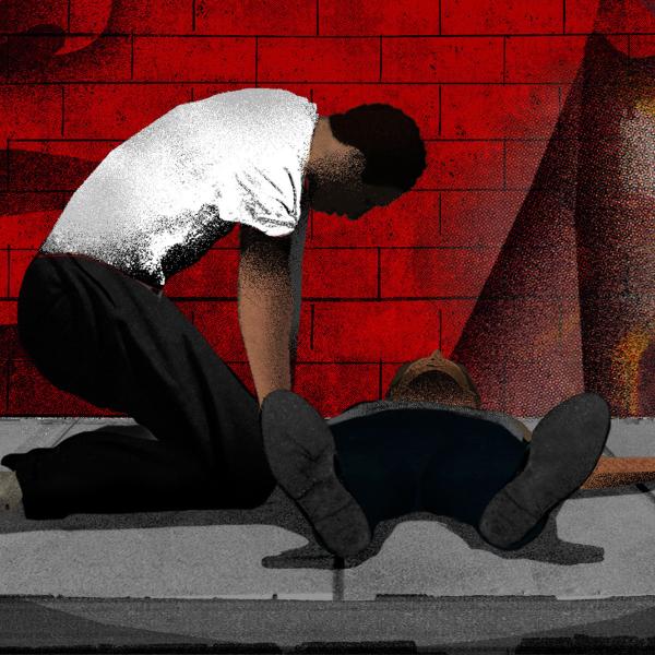 illustration with gang members, one crouched over another on the ground