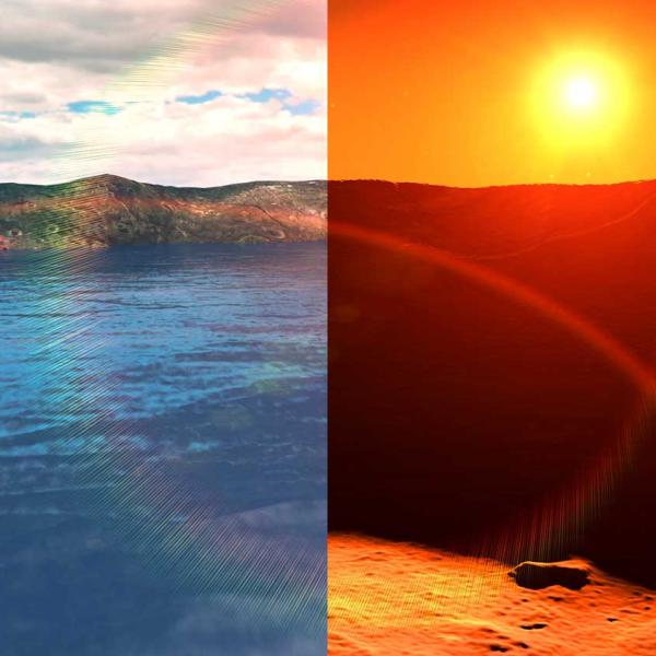 Artist's rendering of Mars crater wet vs. dry