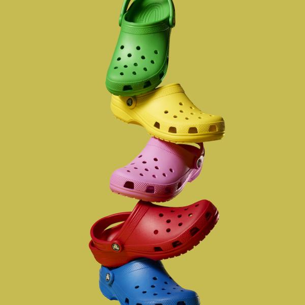 A colorful stack of Crocs