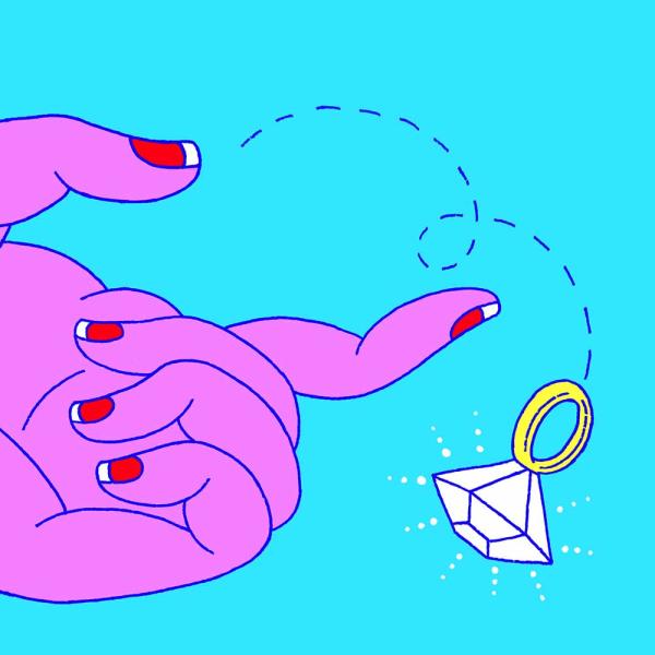 illustrated hand throwing an engagement ring away