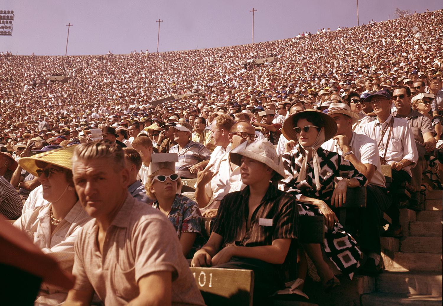 Fans at the Los Angeles Memorial Coliseum during a Dodgers baseball game, 1957.