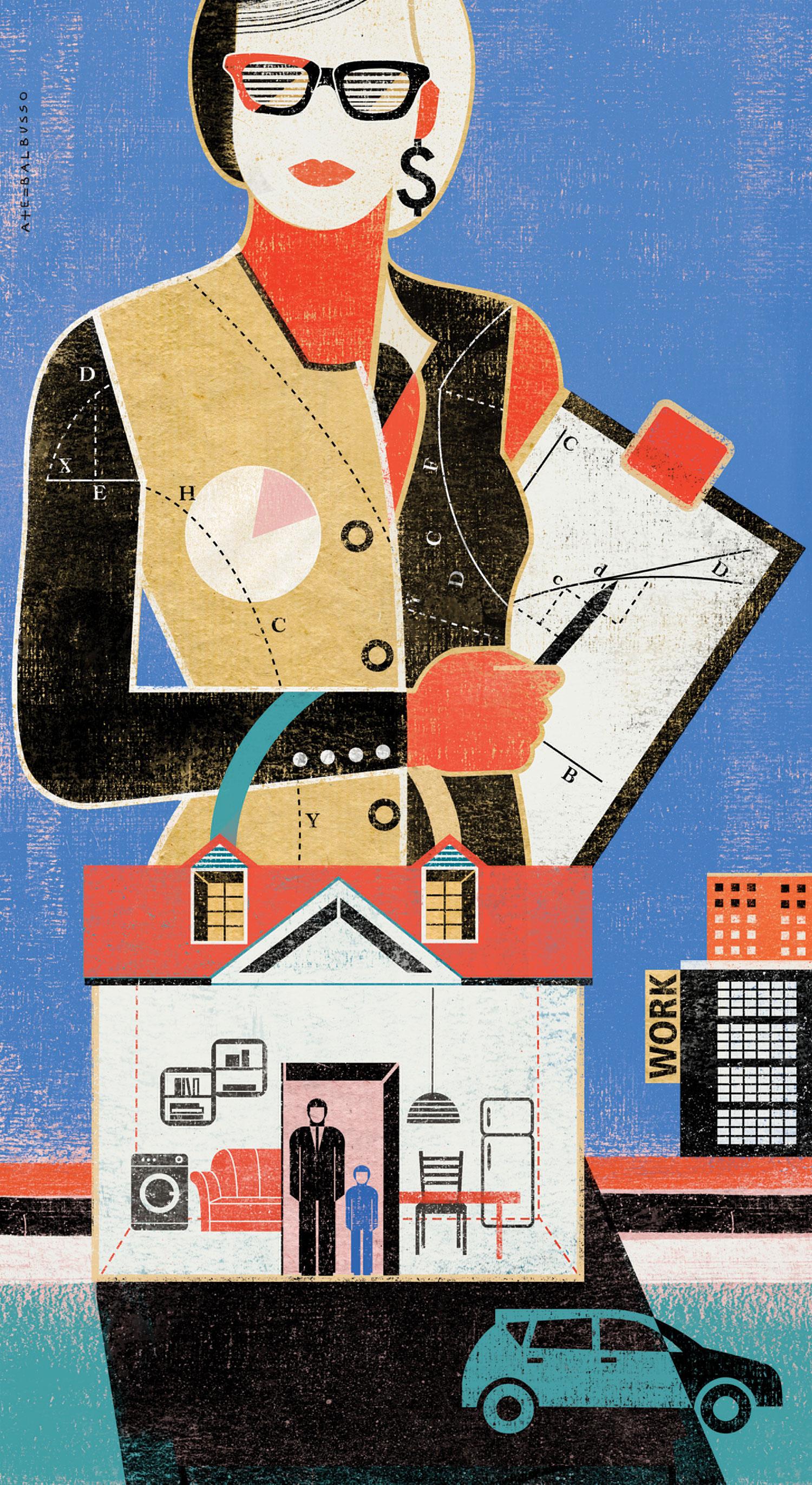 illustration women with bag of house