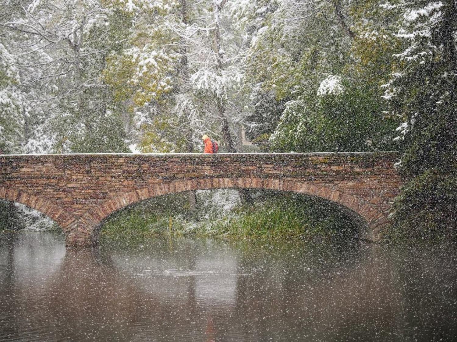 snowy varsity lake bridge
