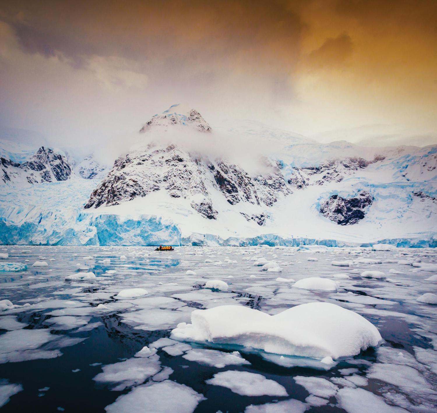 Landscape shot of Antarctica at sunset