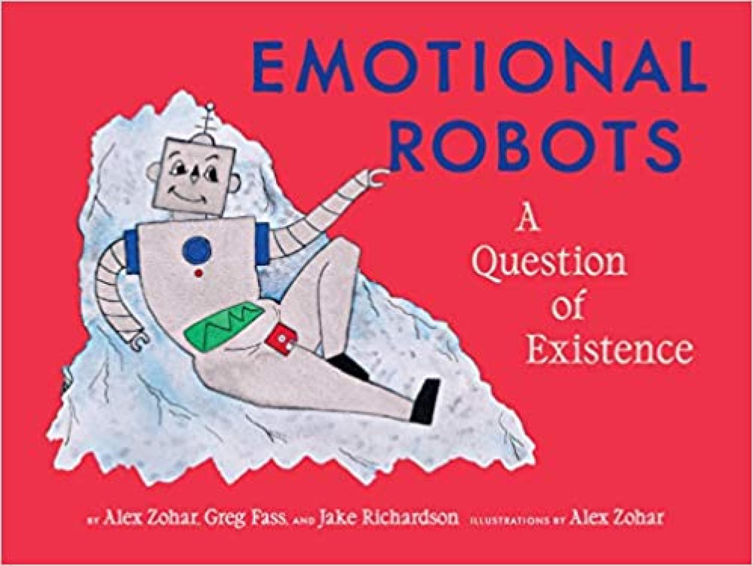 A cartoon robot lays down against a red background.