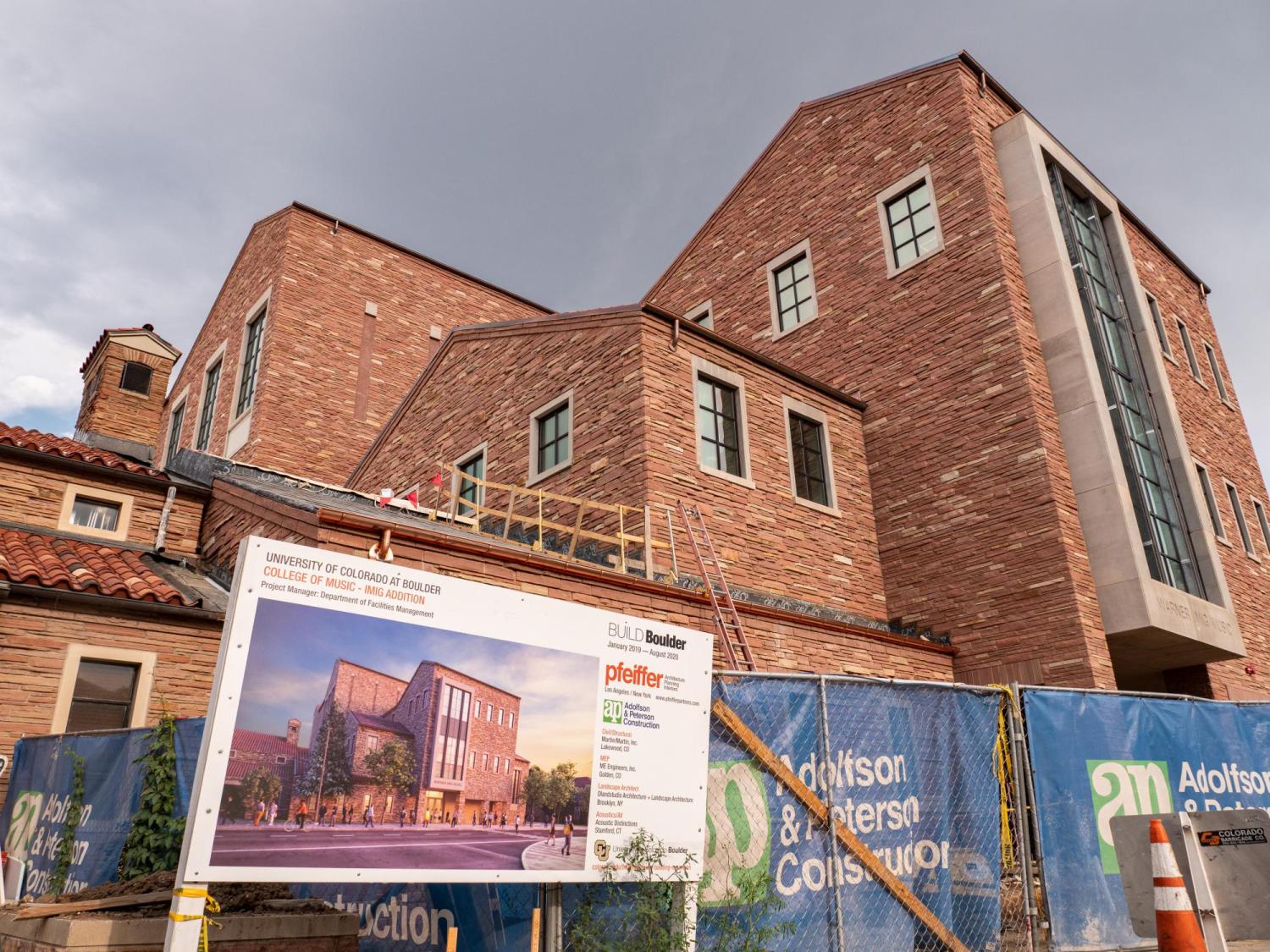 Imig Music Building on CU Boulder campus surrounded by construction